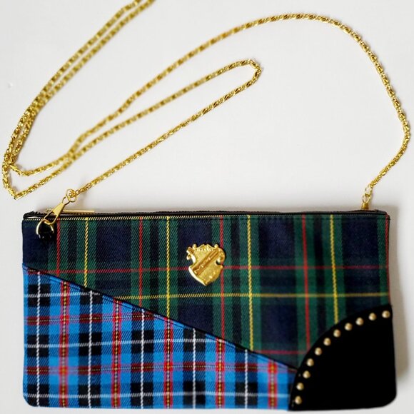 MAC Clutch Evening Bag Gold Chain Strap Tartan Plaid & Faux Patent Studded Logo - Picture 1 of 7
